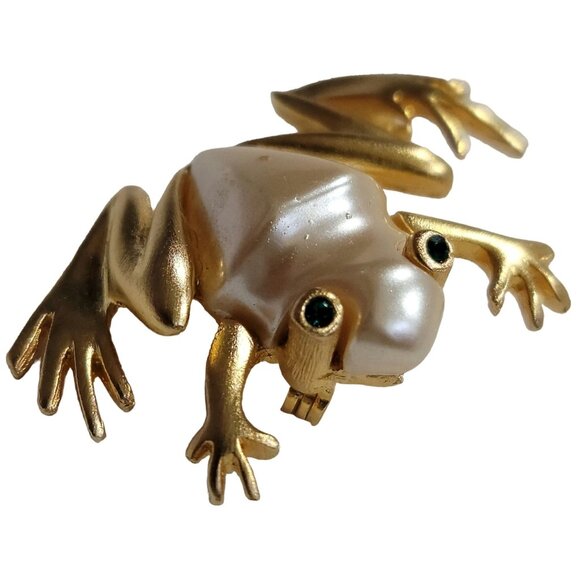 Vintage Gold Tone Faux Mother of Pearl Frog Brooch Pin Emerald Eyes Art Nouveau - Picture 1 of 16